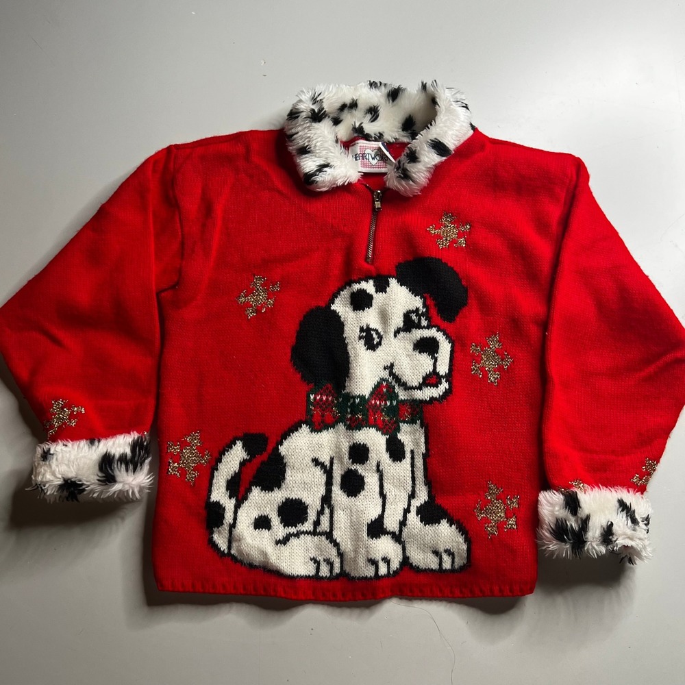 Heartworks Vintage‎ Kids Red Dalmatian Puppy Faux Fur Trim Sweater Size 7/8